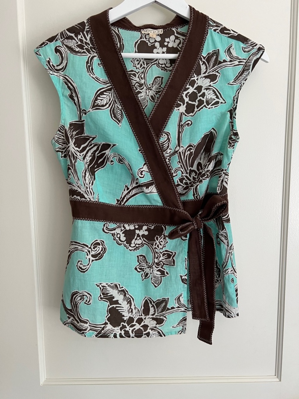 Notice Wrap Tunic with Brown Trim and Tie